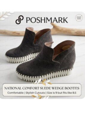 National Comfort Gray Suede Wedge Booties Cutout Slip On Size 9 (Fits 8.5)
